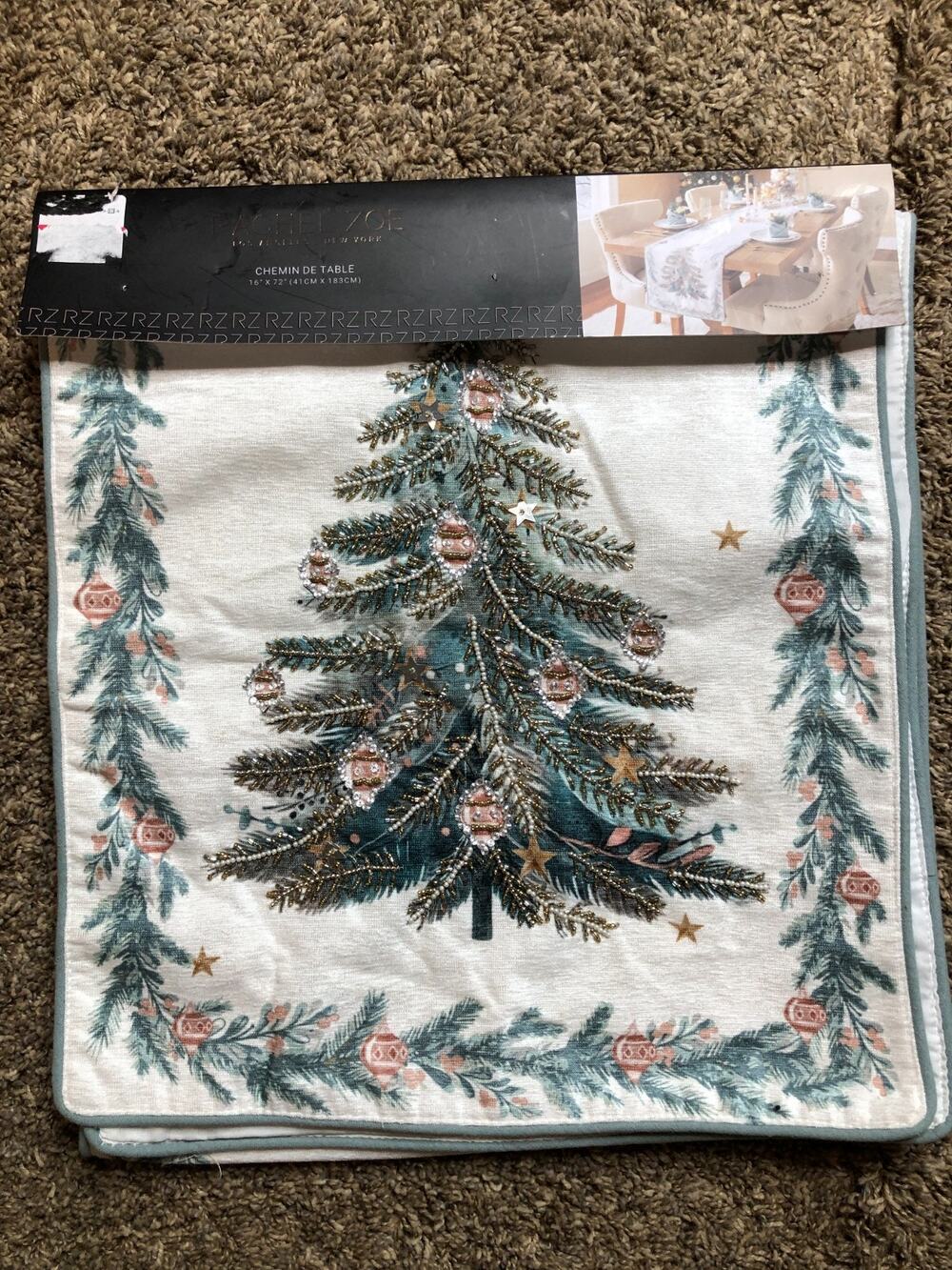 RACHEL ZOE Table Runner Christmas Tree Beaded 72” X 16” NWT